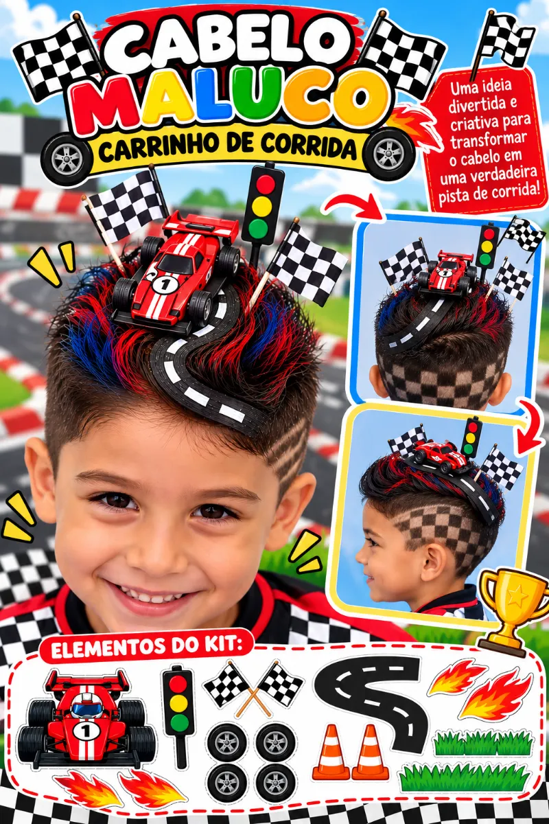 Carrinho de Corrida Cabelo Maluco — amostra 4: Uma ideia divertida e criativa para transformar o cabelo das crianças em uma…