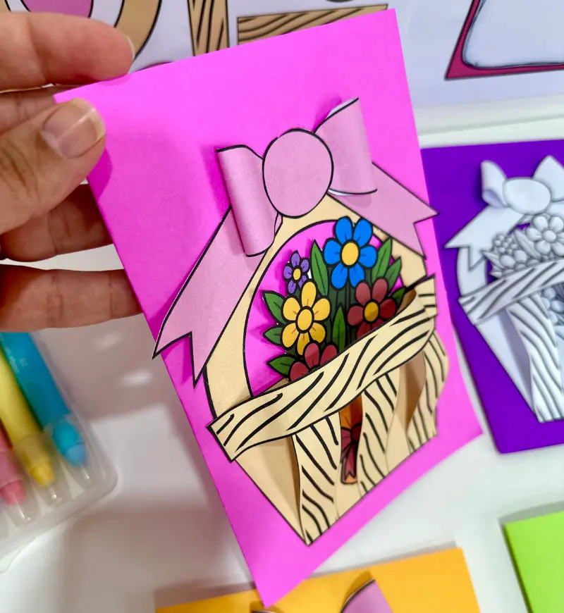 Cartão 3D Dia das Mães: Cesto de Flores para Imprimir — amostra 5: Trabalhe o Dia das Mães com um cartão 3D de cesto de…