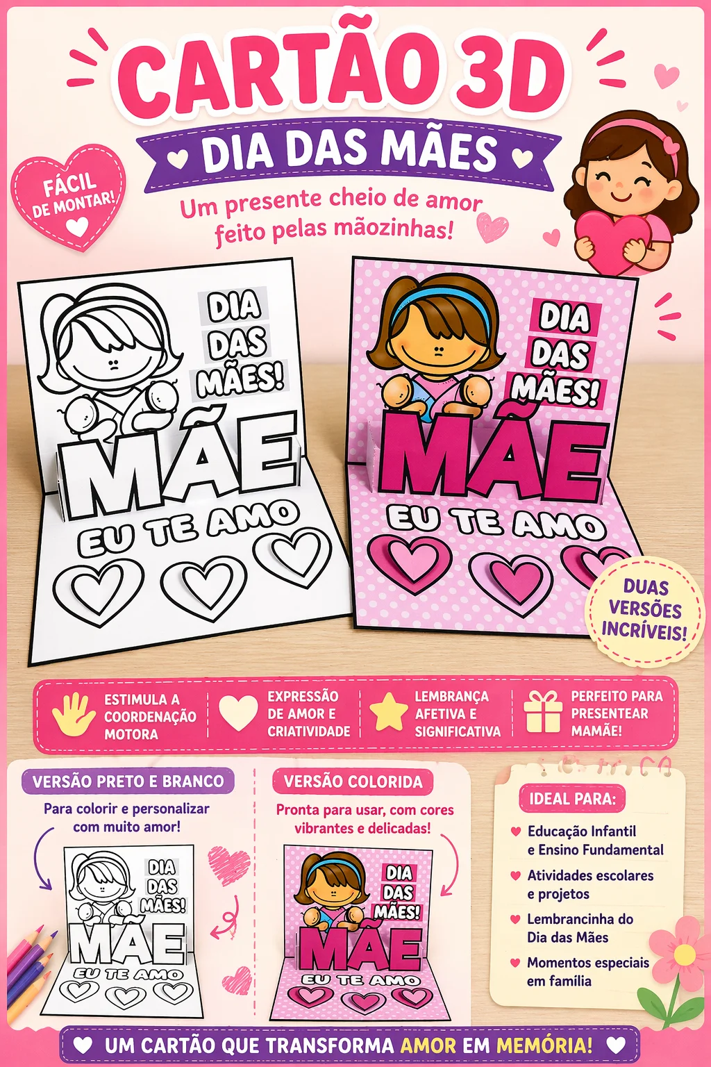 Cartão 3D Dia das Mães para Imprimir – Lembrancinha Criativa Educação Infantil — Datas comemorativas para Educação…