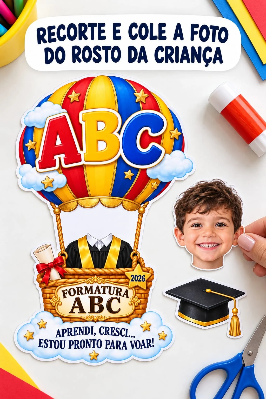 Cartão Balão Formatura ABC com Foto – PDF para Imprimir — amostra 4: Cartão Balão Formatura ABC em PDF com espaço para…