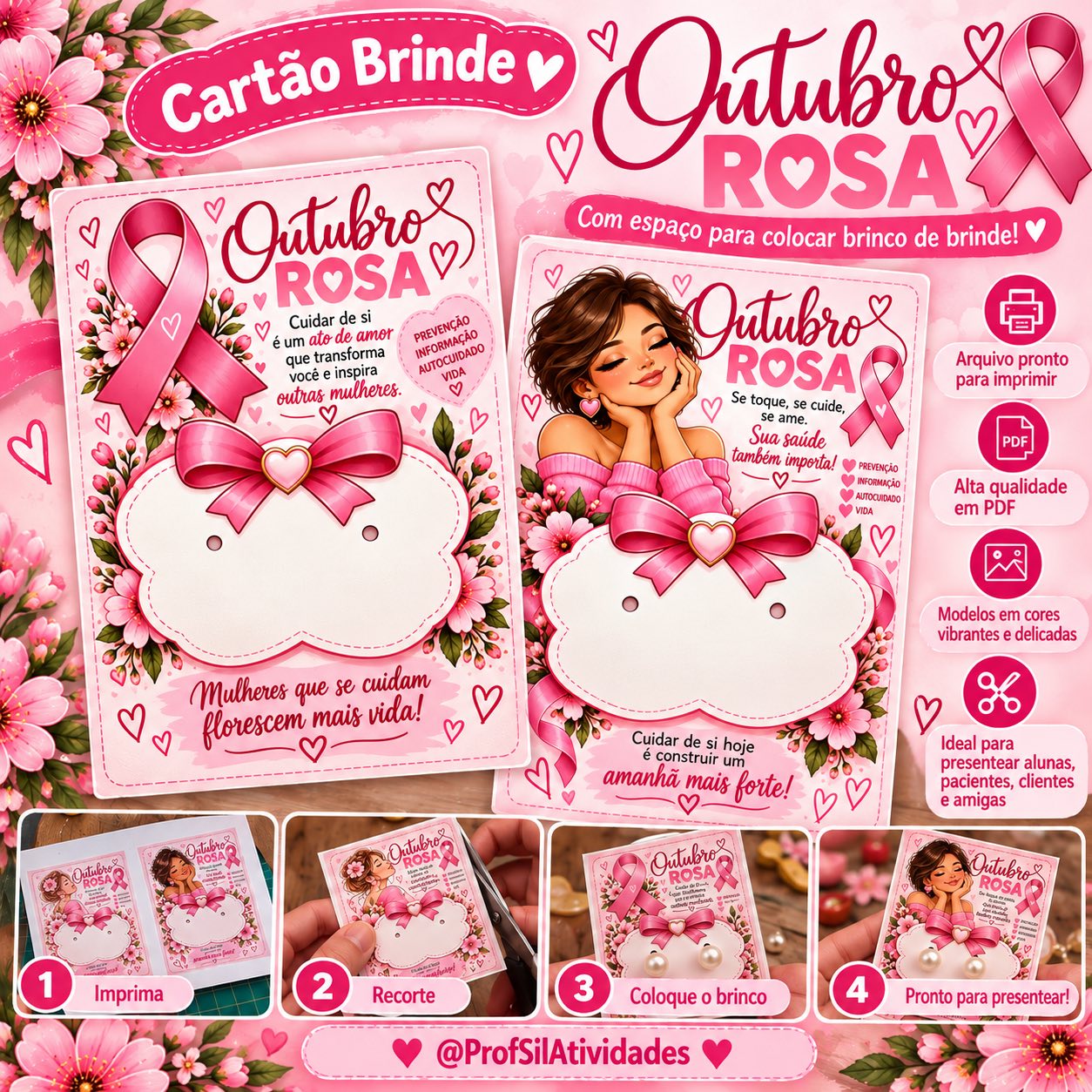 Cartão Brinde Outubro Rosa com espaço para colocar brinco — amostra 3: 💝 Como utilizar o material?