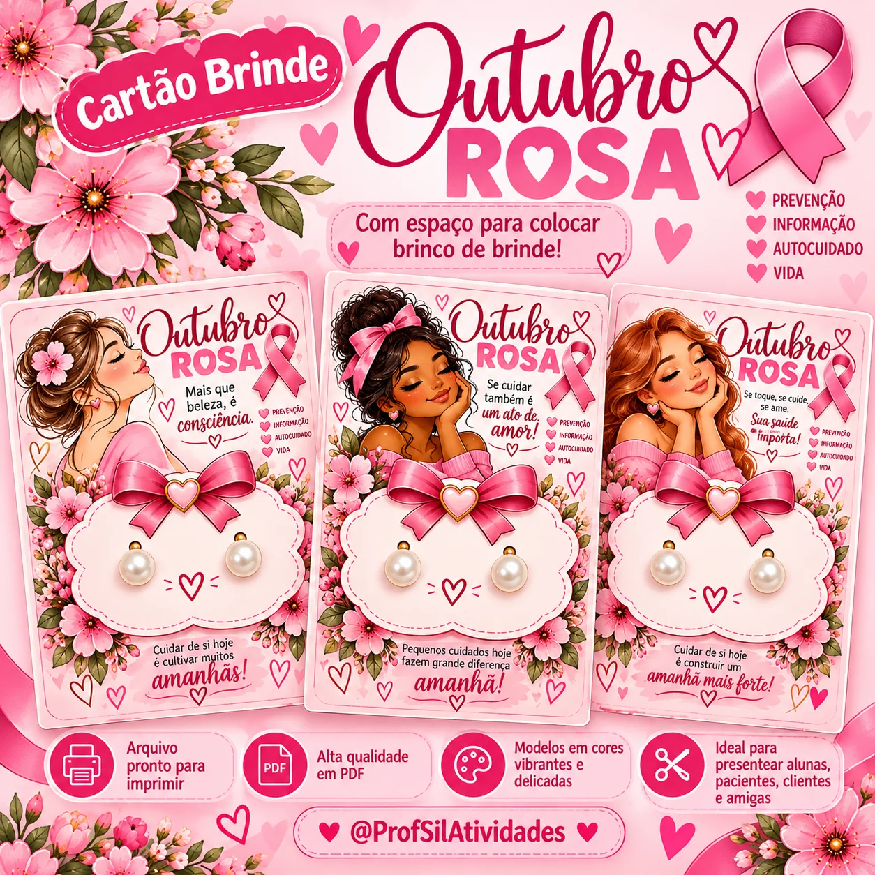 Cartão Brinde Outubro Rosa com espaço para colocar brinco — capa do material