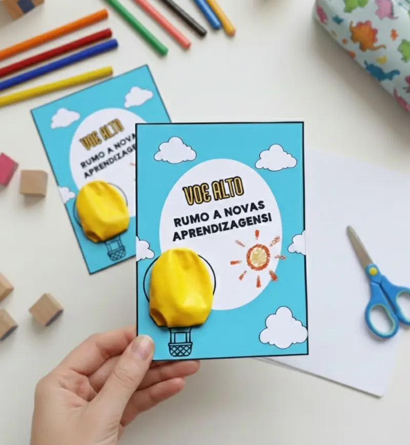 Cartão de acolhimento Balão Voe Alto para Educação Infantil — amostra 1: Cartão de acolhimento para iniciar o ano com afeto