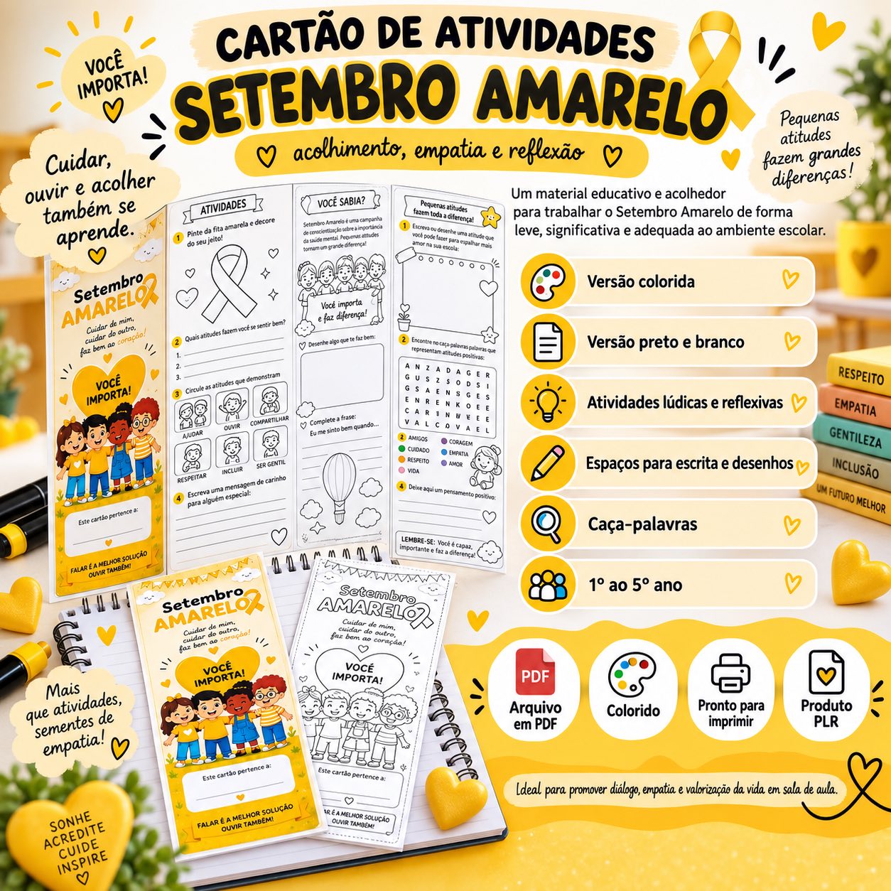 Cartão de atividades Setembro Amarelo Anos Iniciais — Atividades para 1º ano: Material educativo em PDF com atividades…