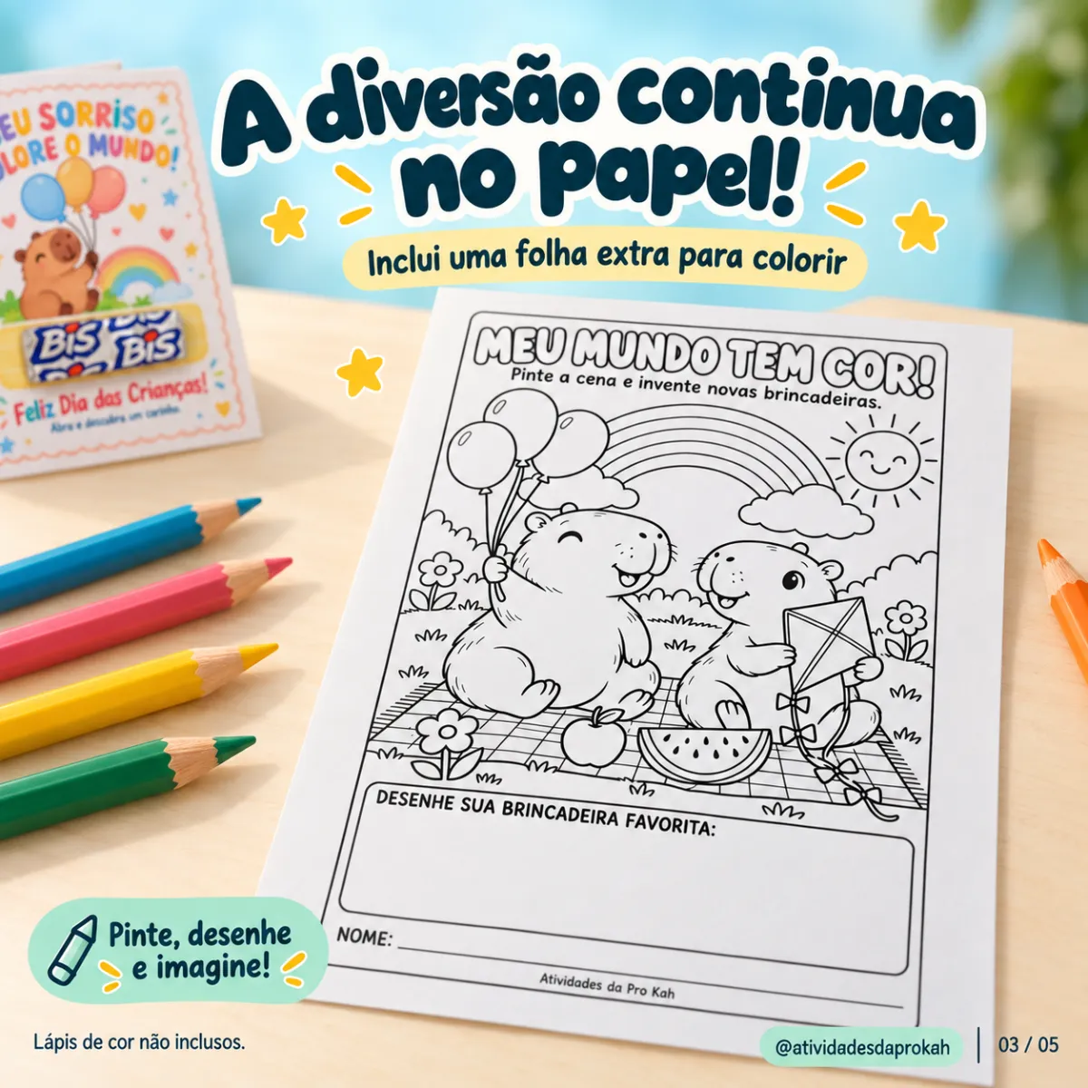 Cartão Dia das Crianças: Capivara + Atividade Colorir — amostra 1: Cartão e atividade para colorir com tema de capivara