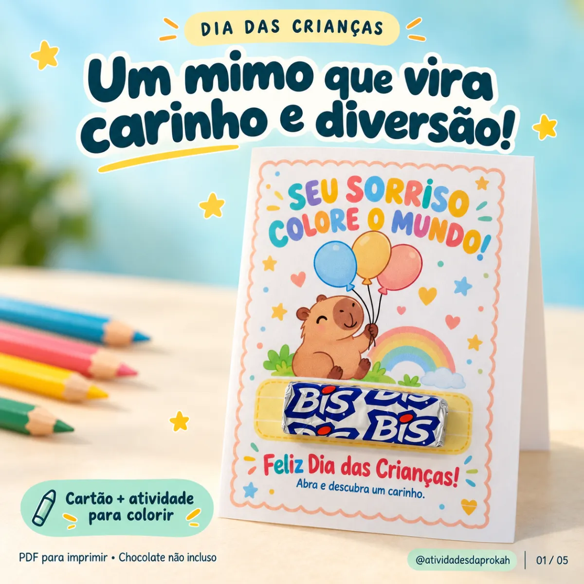 Cartão Dia das Crianças: Capivara + Atividade Colorir — amostra 2: Cartão e atividade para colorir com tema de capivara