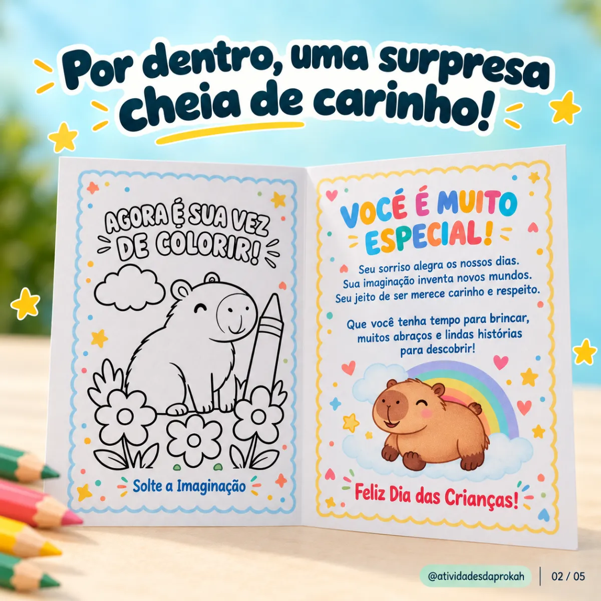 Cartão Dia das Crianças: Capivara + Atividade Colorir — amostra 3: Cartão e atividade para colorir com tema de capivara