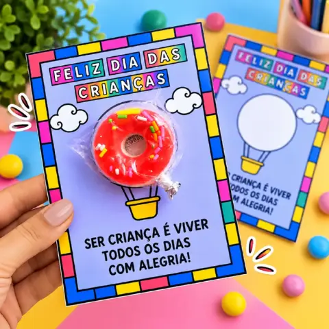 Cartão Dia das Crianças com Balão para Lembrancinha — amostra 2: Cartão para o Dia das Crianças com balão para colocar uma…