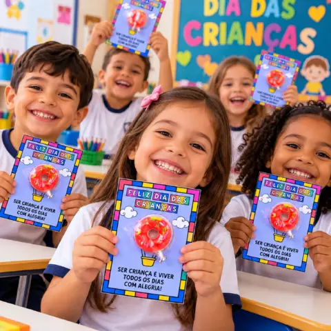 Cartão Dia das Crianças com Balão para Lembrancinha — amostra 4: Cartão para o Dia das Crianças com balão para colocar uma…