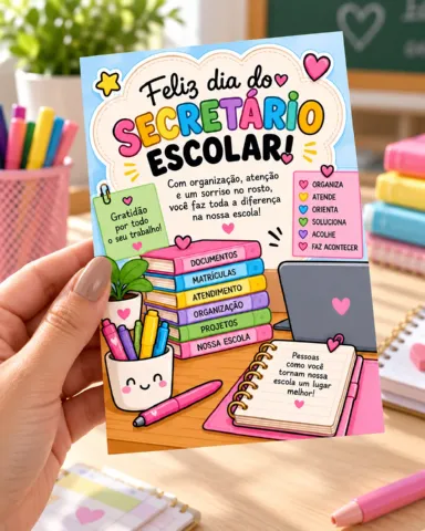 Cartão Dia do Secretário Escolar para Imprimir — amostra 1: O material inclui