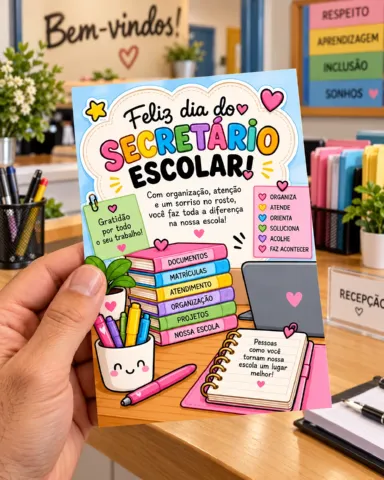 Cartão Dia do Secretário Escolar para Imprimir — amostra 2: Cartão para o Dia do Secretário Escolar em PDF, com versões A4,…
