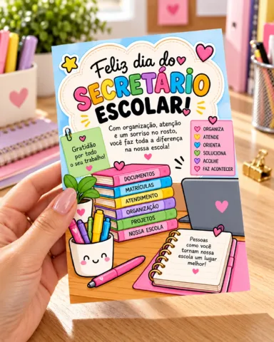 Cartão Dia do Secretário Escolar para Imprimir — amostra 3: Cartão para o Dia do Secretário Escolar em PDF, com versões A4,…
