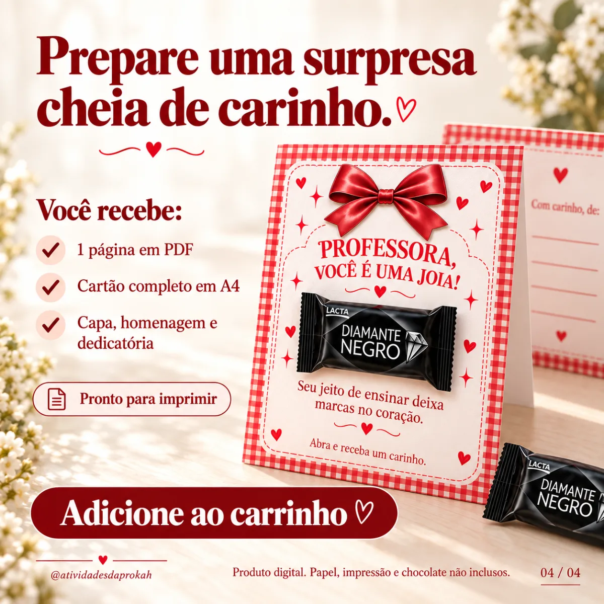 Cartão Dia dos Professores: Você é uma Joia — amostra 1: Cartão para o Dia dos Professores com espaço para chocolate