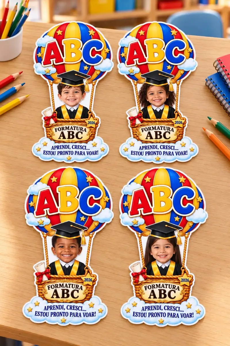 Cartão Personalizável de Formatura ABC — Datas comemorativas para Educação Infantil: Lembrança em formato de balão com…