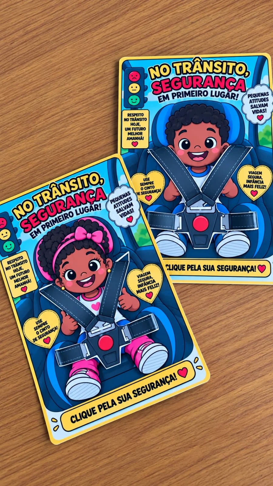 Cartão Trânsito Seguro Interativo para Imprimir — amostra 2: Cartão Trânsito Seguro para imprimir com personagens e cinto…