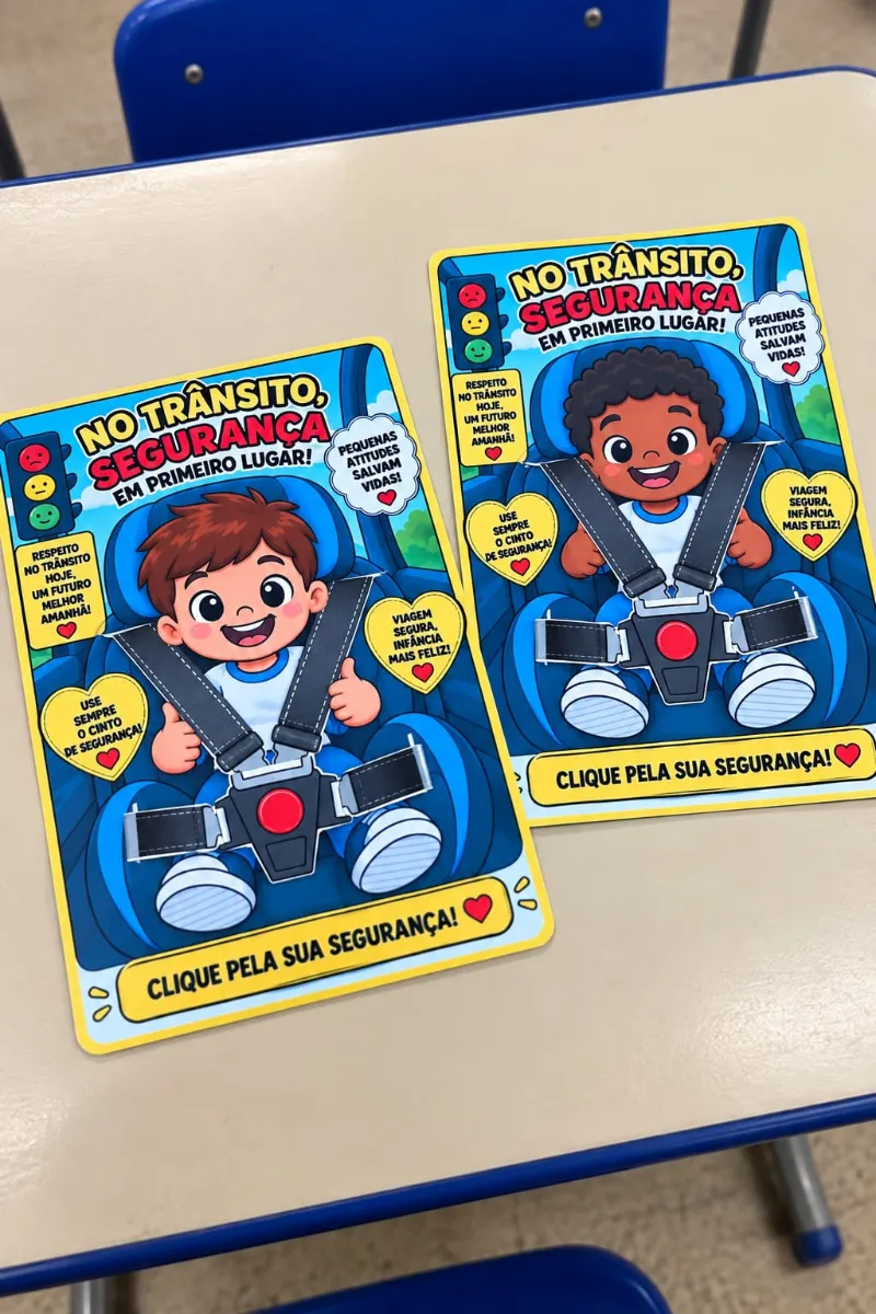 Cartão Trânsito Seguro Interativo para Imprimir — amostra 1: Cartão Trânsito Seguro para imprimir com personagens e cinto…