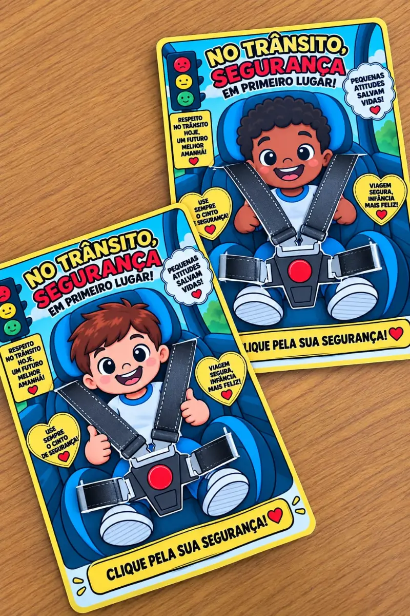 Cartão Trânsito Seguro Interativo para Imprimir — amostra 2: Cartão Trânsito Seguro para imprimir com personagens e cinto…