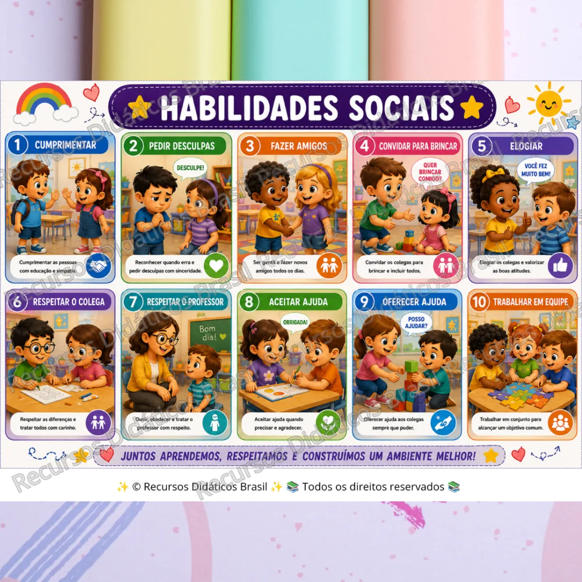 Cartaz 10 Atitudes para Conviver Bem: Habilidades Sociais — Outros para Educação Infantil: Cartaz de habilidades sociais…
