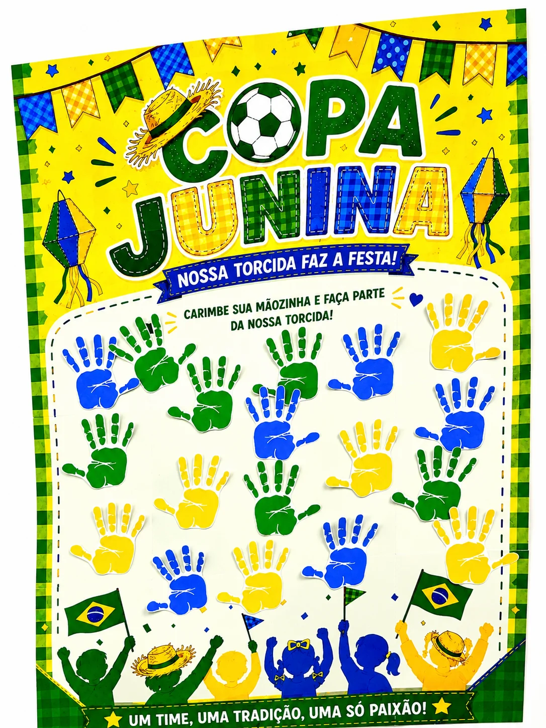Cartaz Colaborativo Copa Junina — amostra 1: Com cores vibrantes inspiradas no Brasil, o material une elementos do futebol…