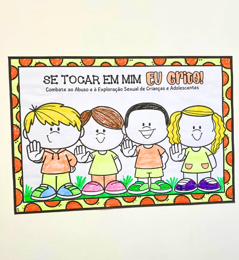 Cartaz Colaborativo Maio Laranja para Colorir em PDF — amostra 1: Cartaz Colaborativo Maio Laranja para colorir