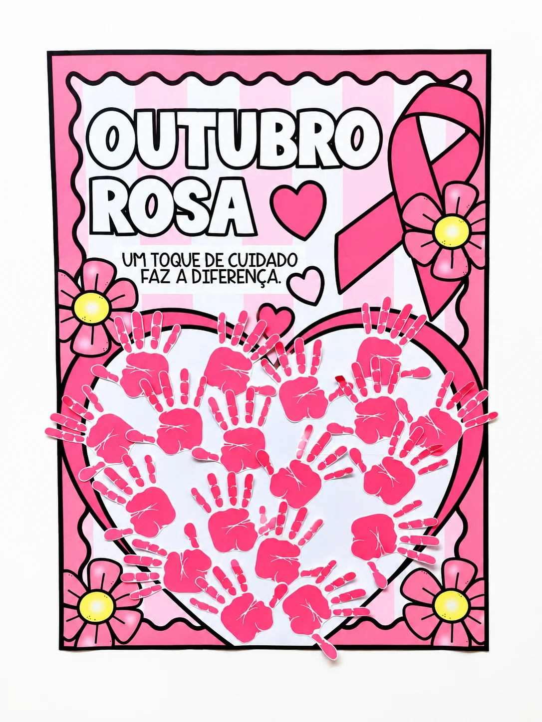 Cartaz Colaborativo Outubro Rosa para Escola — amostra 1: Cartaz colaborativo de Outubro Rosa com 9 folhas A4, onde as…