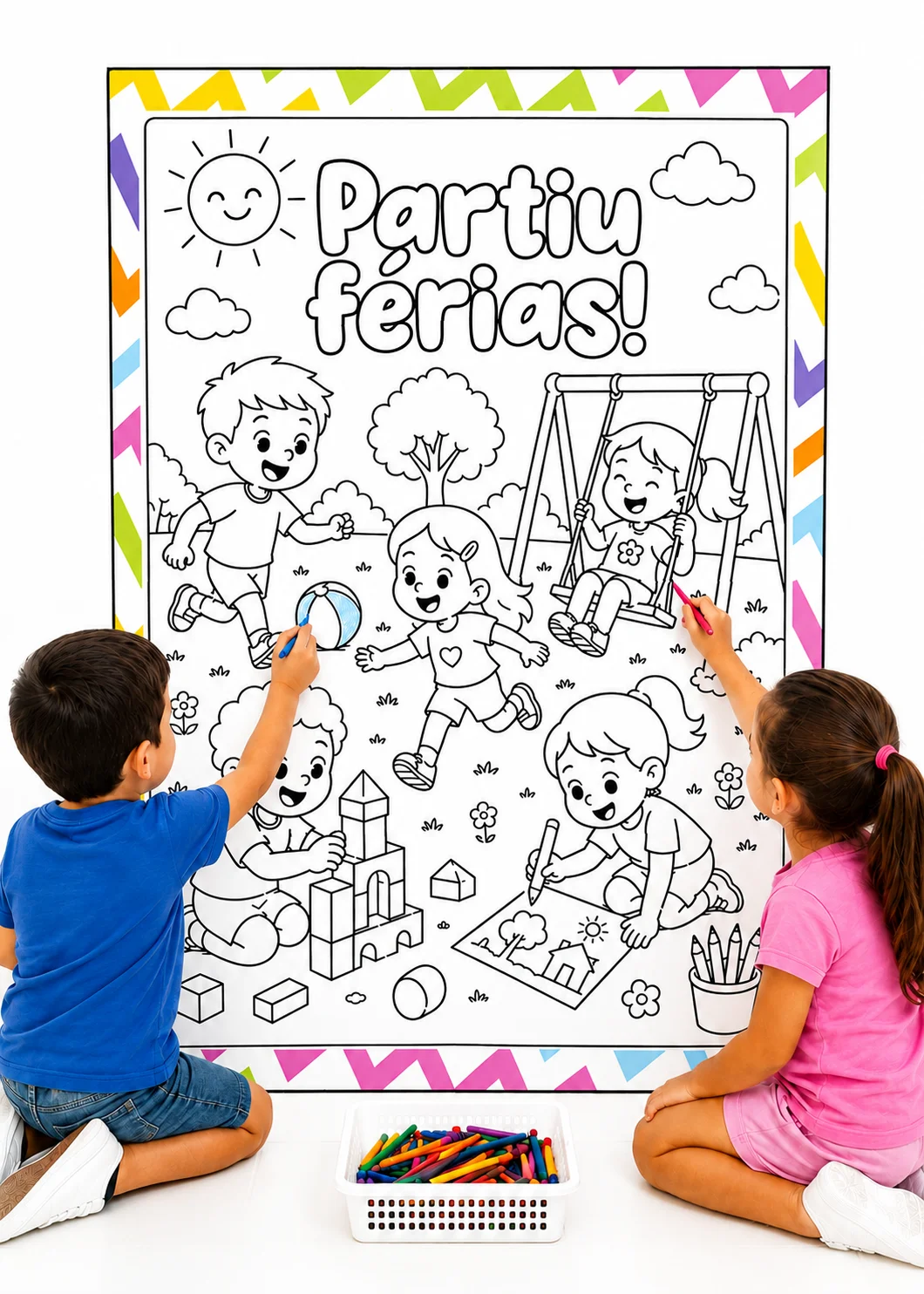 Cartaz Colaborativo para Colorir Partiu Férias — amostra 1: O que vem no material