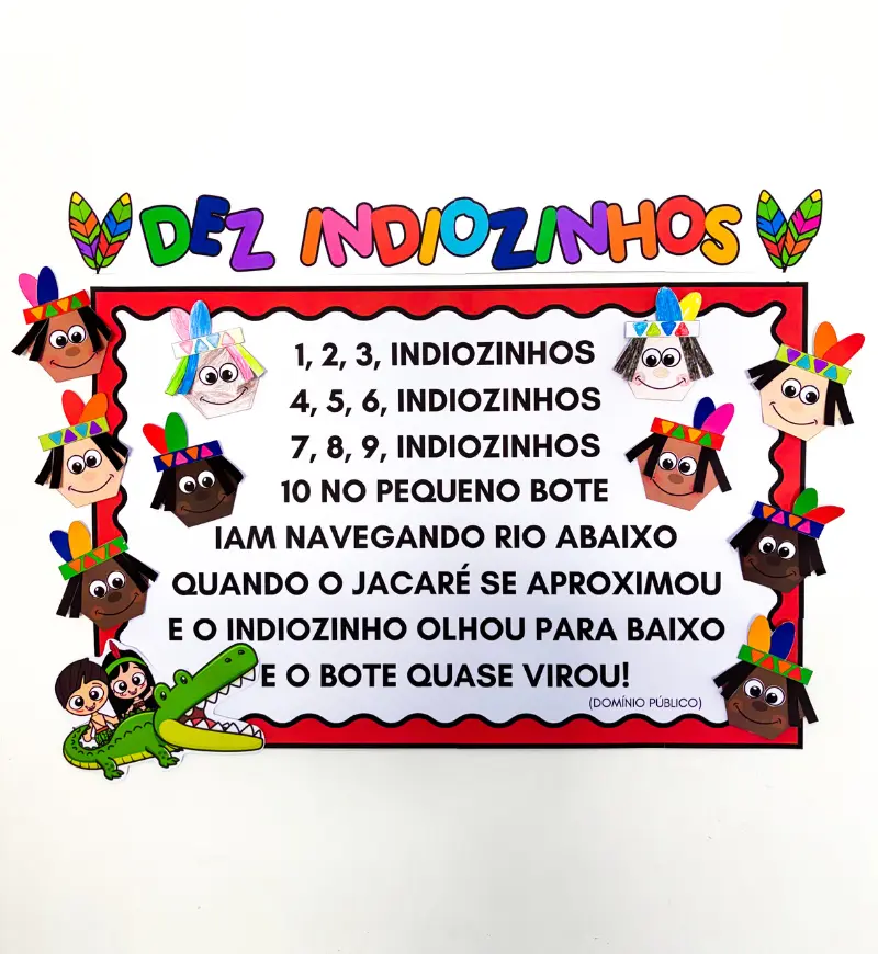 Cartaz Coletivo Dez Indiozinhos para Educação Infantil — amostra 1: Cartaz Coletivo Dez Indiozinhos: cantiga e participação