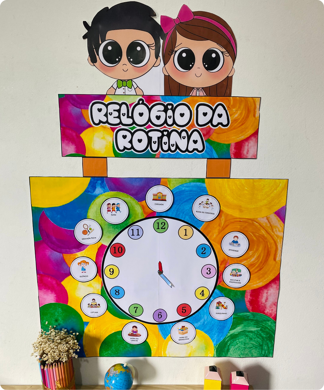 Cartaz de relógio da rotina para imprimir – Educação Infantil — amostra 3: O que vem no PDF para imprimir