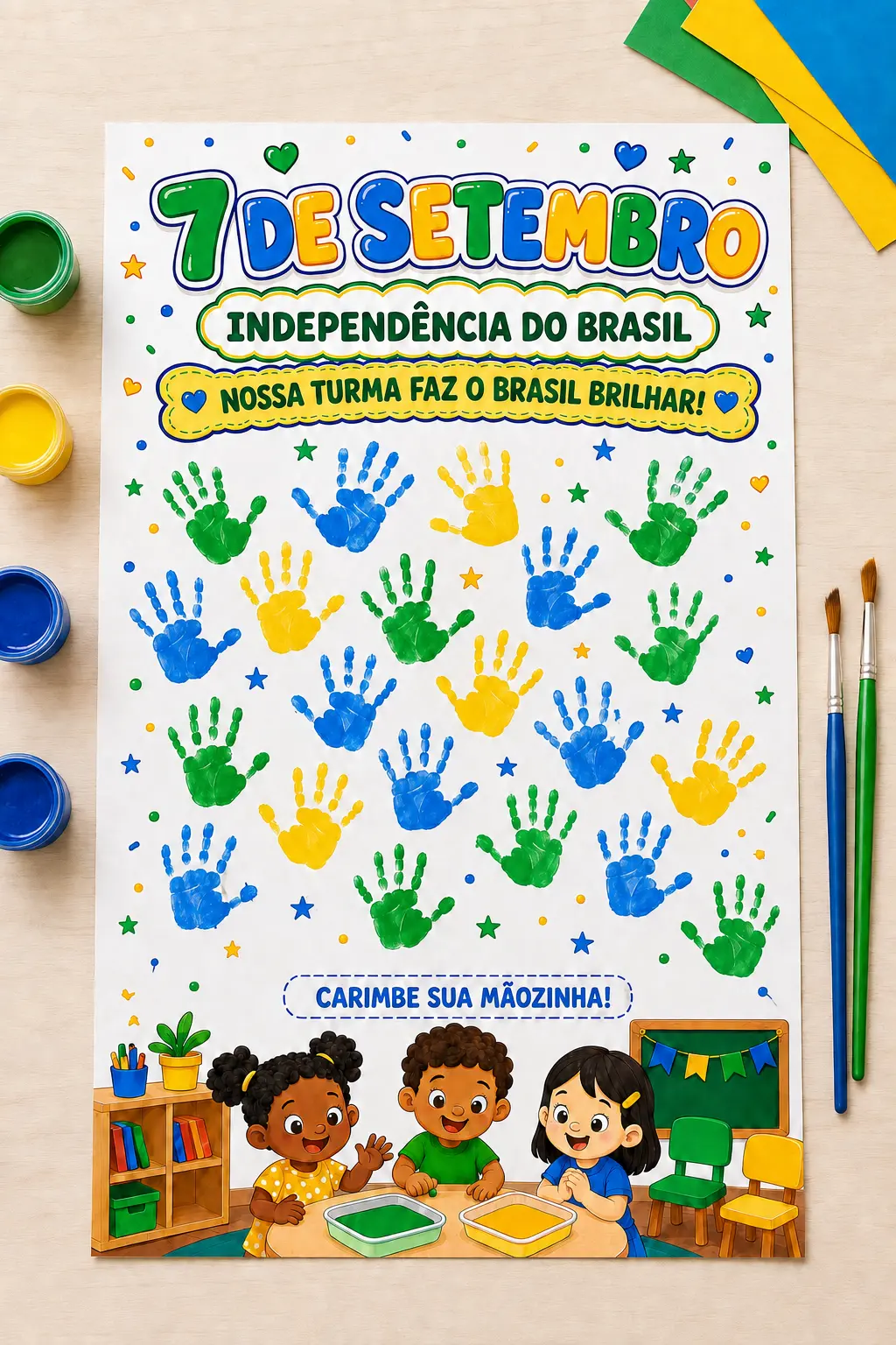 Cartaz Interativo 7 de Setembro para Educação Infantil — amostra 3: A proposta é que cada criança carimbe sua mãozinha com…
