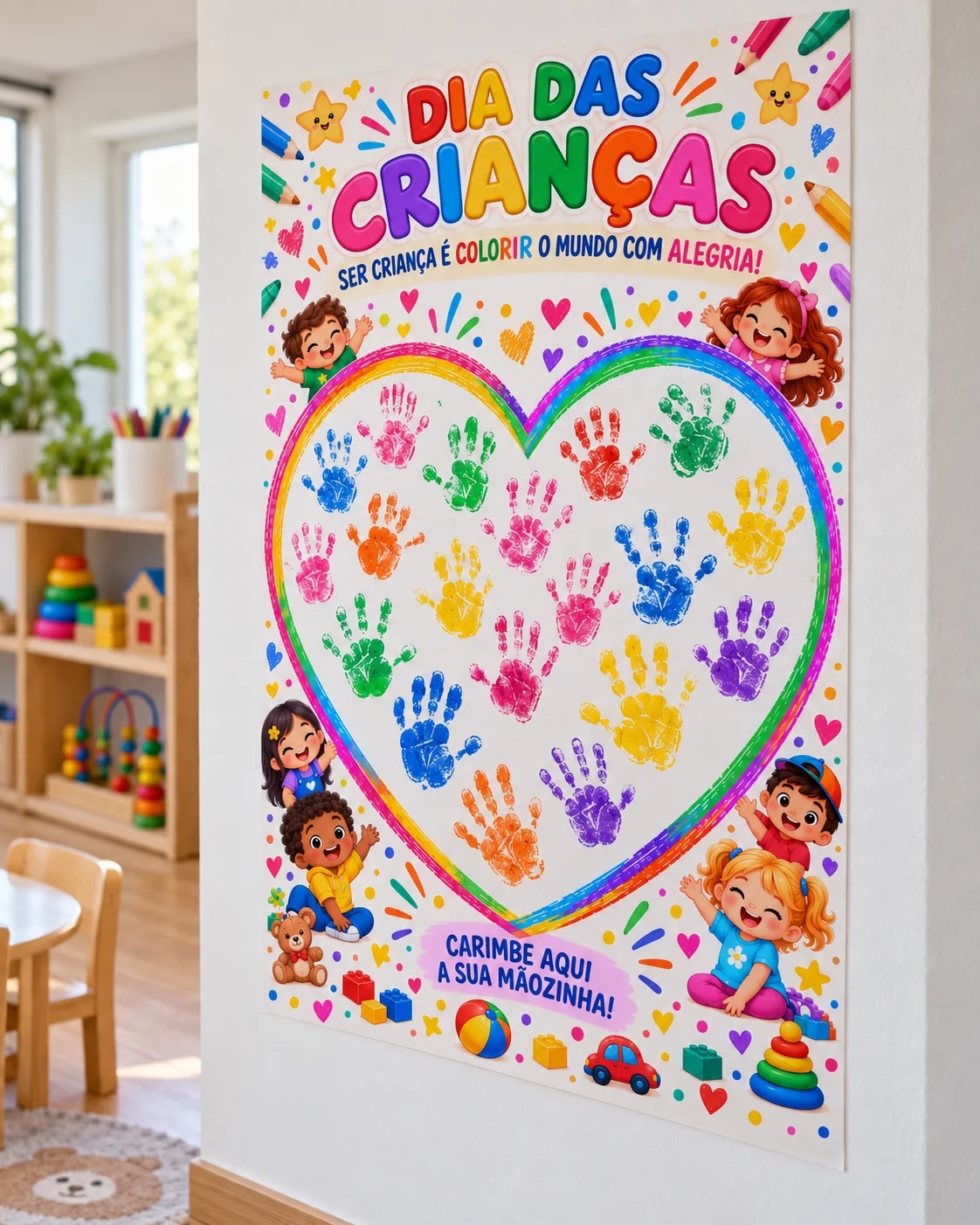 Cartaz Interativo Dia das Crianças em PDF – Educação Infantil — amostra 3: Cartaz interativo e colorido para celebrar o Dia…