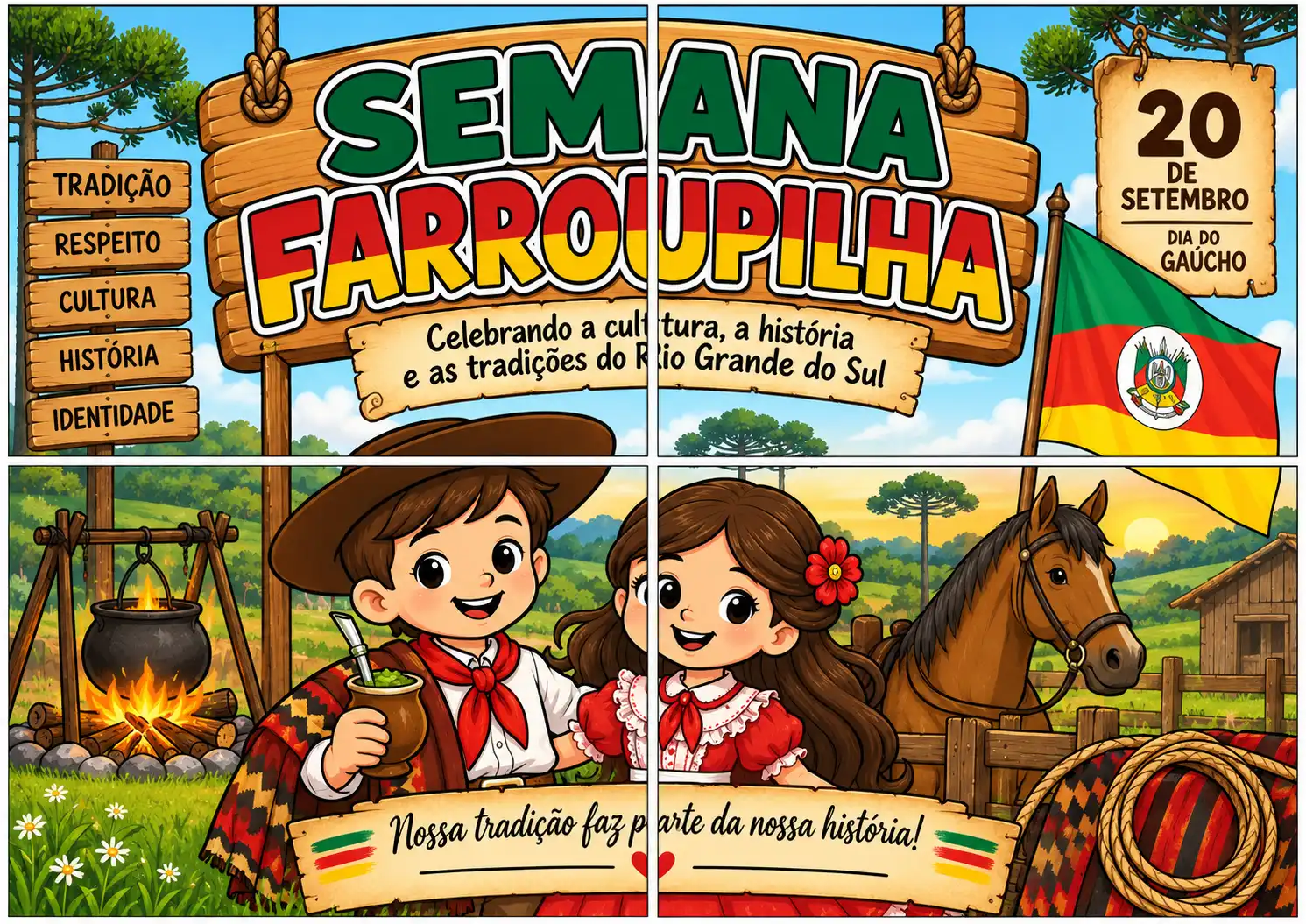 Cartaz Semana Farroupilha – Painel Ampliado | 4 Folhas A4 — amostra 1: Cartaz decorativo da Semana Farroupilha, dividido em…