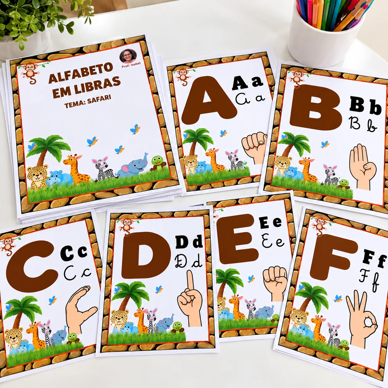 Alfabeto em Libras para Imprimir – Cartazes de A a Z com Tema Safari — amostra 3: Professora Isabel – Materiais Pedagógicos