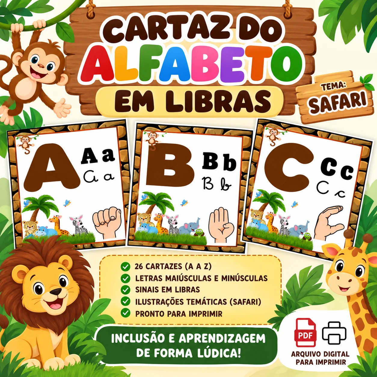 Alfabeto em Libras para Imprimir – Cartazes de A a Z com Tema Safari — Alfabetização para Todas as séries: Alfabeto em…