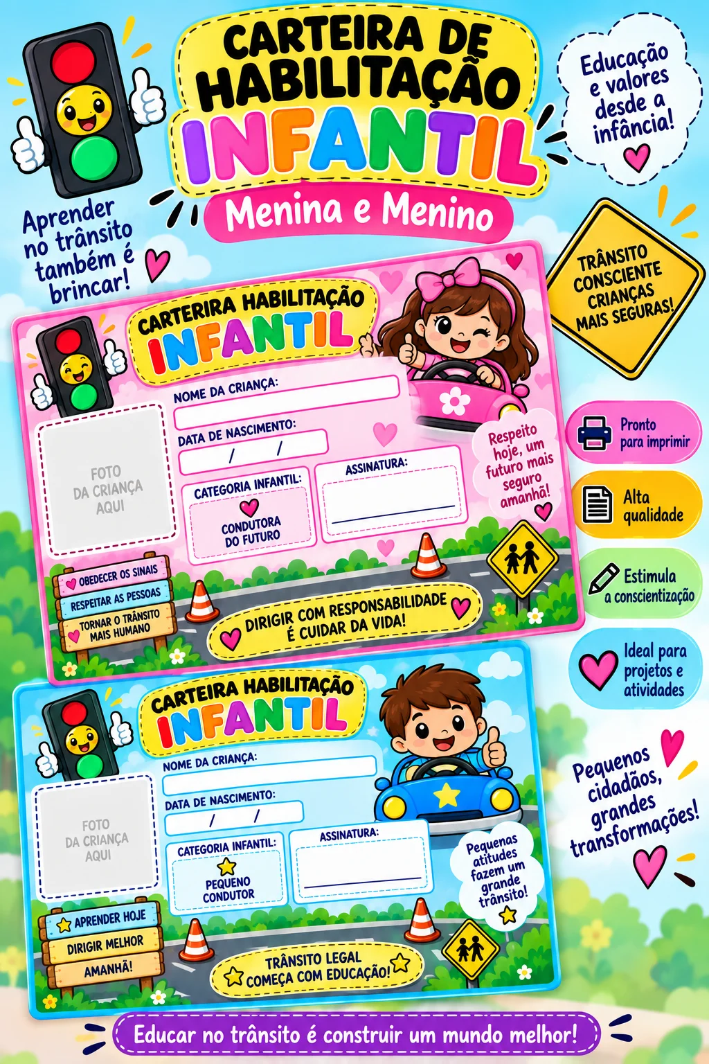 🚦 Carteira de Habilitação Infantil – Menina e Menino Torne a aprendizagem sobre segurança no trânsito mais divertida com a…