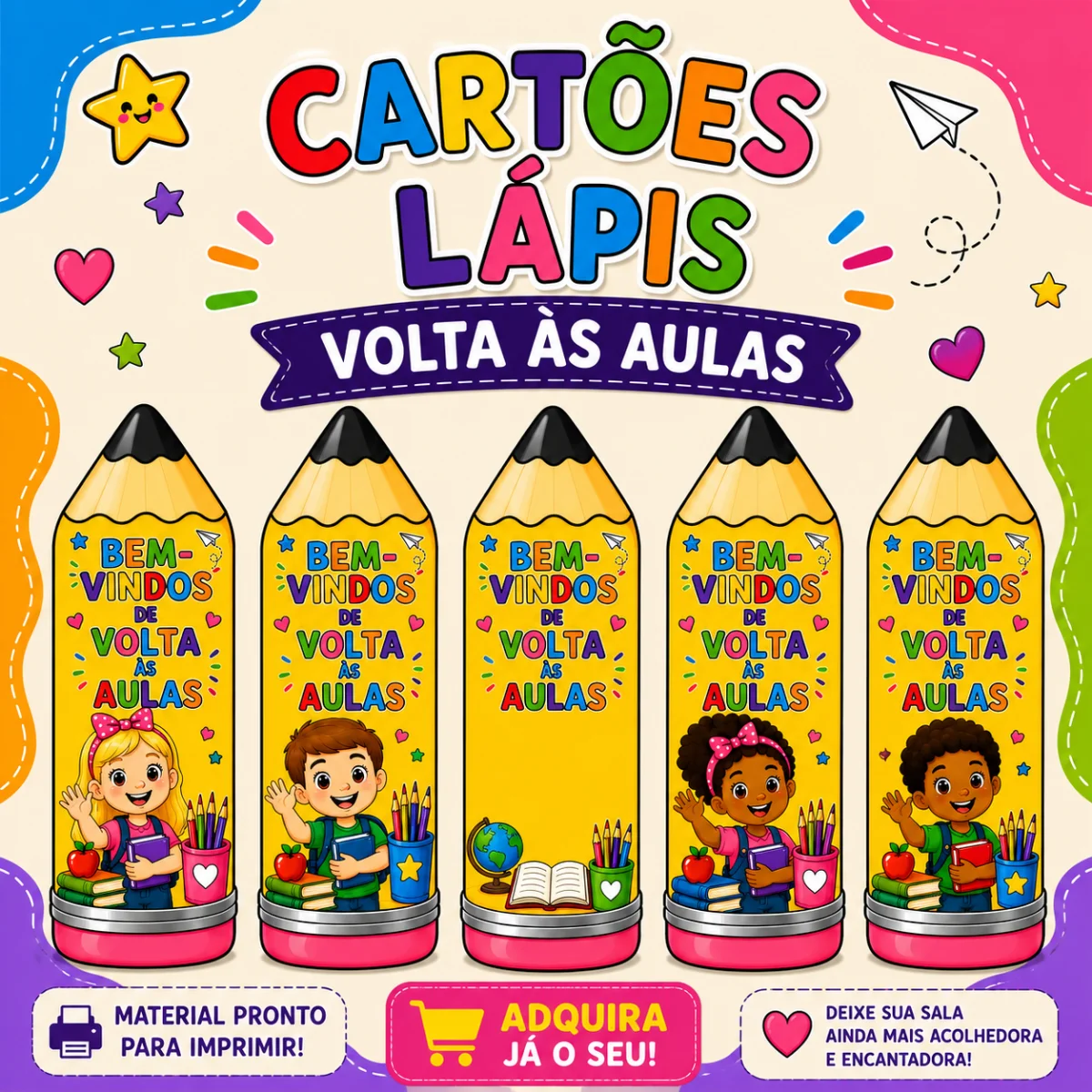Cartões com formato Lápis - Volta às Aulas — amostra 2: Perfeitos para receber os alunos com carinho e tornar o primeiro… Cartões com formato Lápis - Volta às Aulas — amostra 2: Perfeitos para receber os alunos com carinho e tornar o primeiro…
