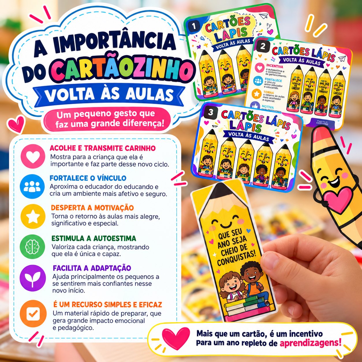 Cartões com formato Lápis - Volta às Aulas — amostra 3: Perfeitos para receber os alunos com carinho e tornar o primeiro… Cartões com formato Lápis - Volta às Aulas — amostra 3: Perfeitos para receber os alunos com carinho e tornar o primeiro…