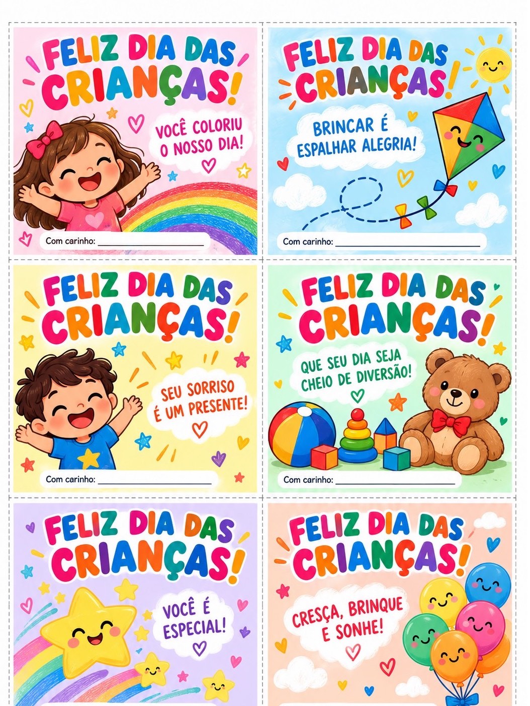 Cartões Dia das Crianças para Lembrancinhas – 6 Modelos A4 — amostra 1: 6 modelos de cartões do Dia das Crianças para…