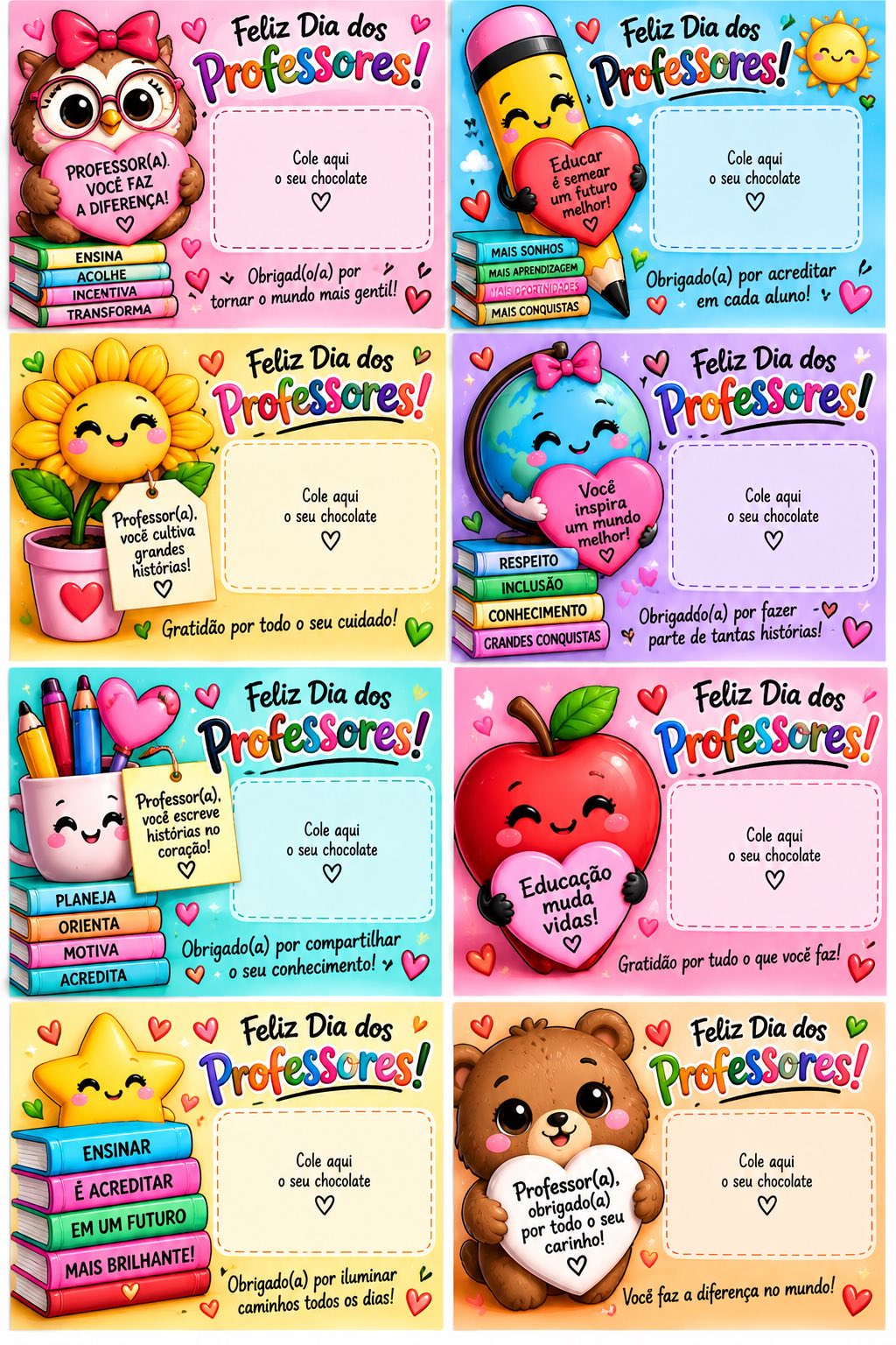 Cartões Dia dos Professores com Espaço para Chocolate — amostra 1: 8 cartões coloridos e criativos para homenagear…