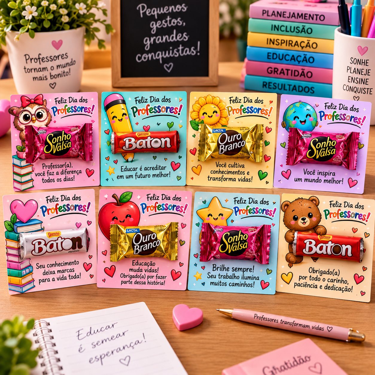 Cartões Dia dos Professores com Espaço para Chocolate — amostra 2: 8 cartões coloridos e criativos para homenagear…