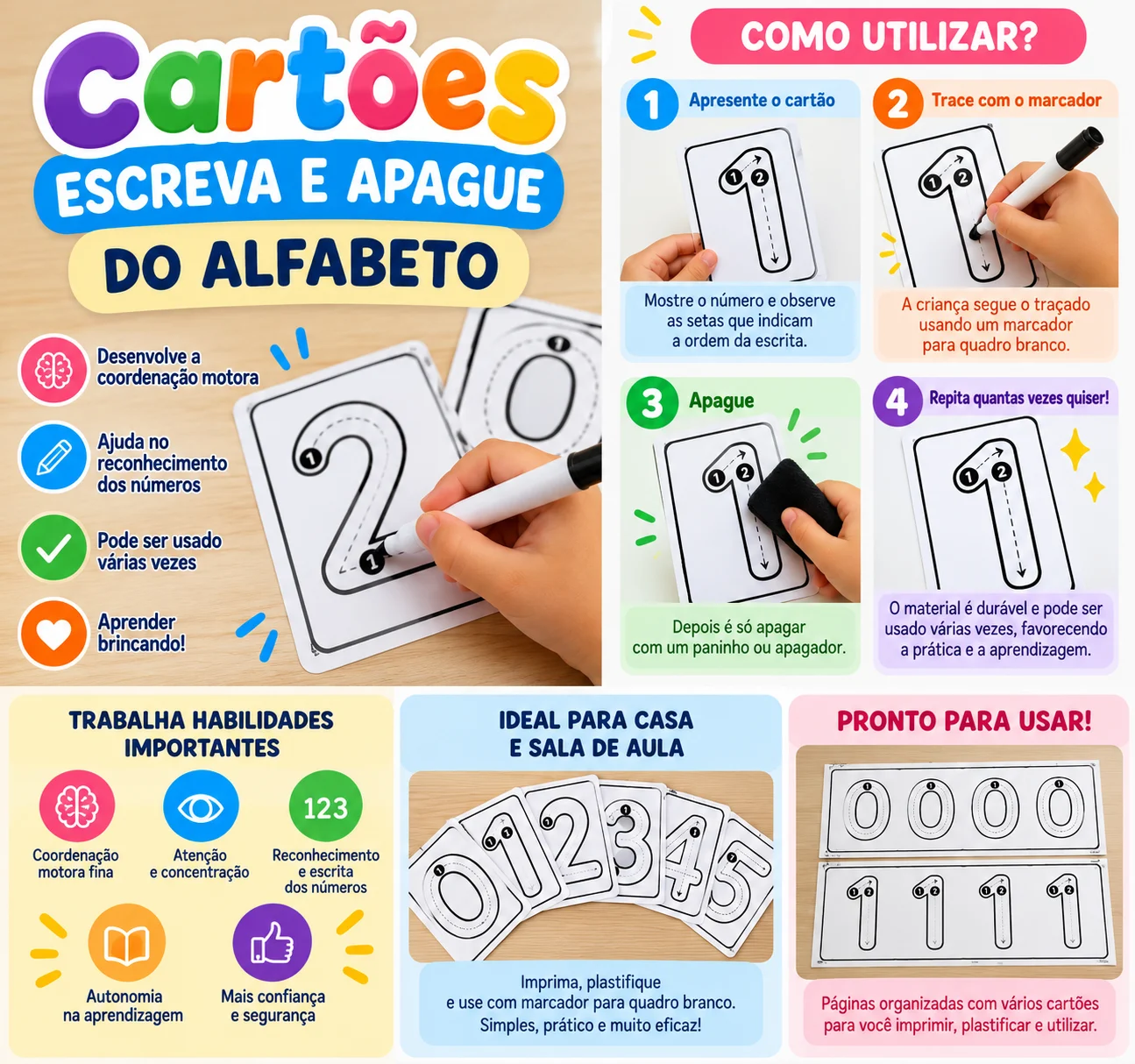 Cartões Escreva e Apague dos Números 0 a 9 para Imprimir – PDF — amostra 2: Cartões Escreva e Apague dos números 0 a 9 em…