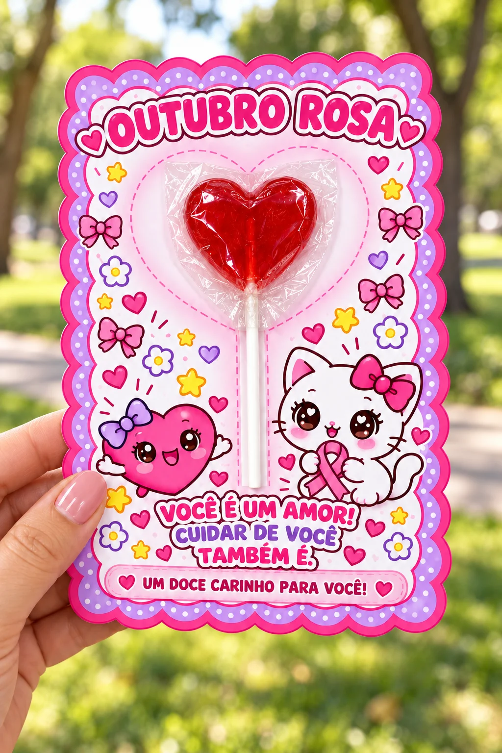 Cartões Outubro Rosa – Lembrancinha com Pirulito — amostra 2: 💕 Os cartões possuem cores vivas, ilustrações encantadoras e…