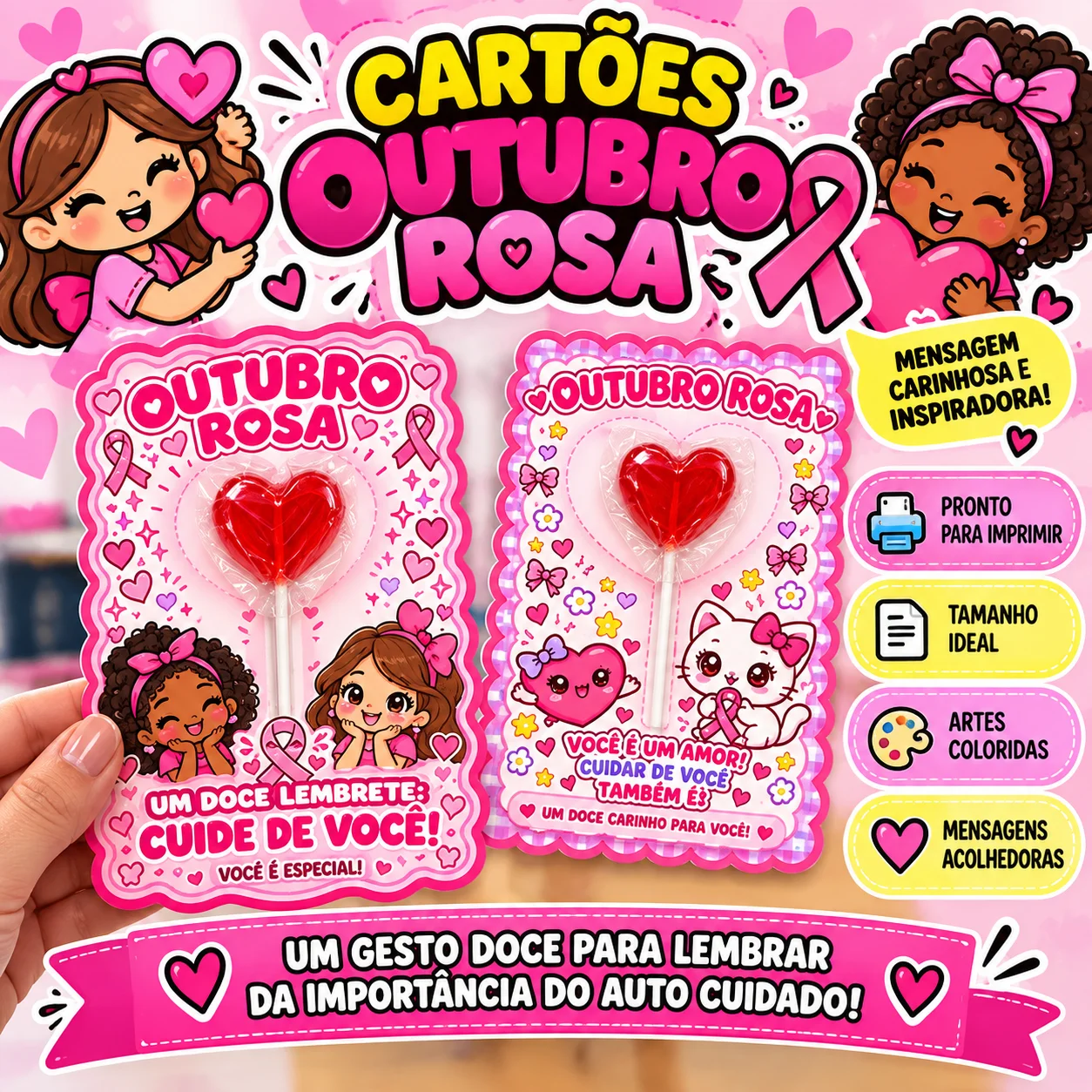 Cartões Outubro Rosa – Lembrancinha com Pirulito — Datas comemorativas para Educação Infantil: Cartões Outubro Rosa para…