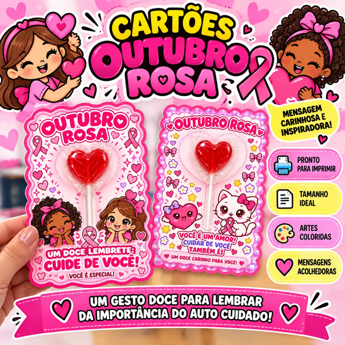 Cartões Outubro Rosa – Lembrancinha com Pirulito Em PDF! — Atividades para 3º ano: Cartões Outubro Rosa para lembrancinha…