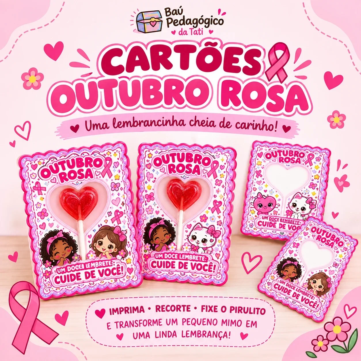 Cartões Outubro Rosa | Lembrancinha com Pirulito — Datas comemorativas para Educação Infantil: Cartões de Outubro Rosa para…