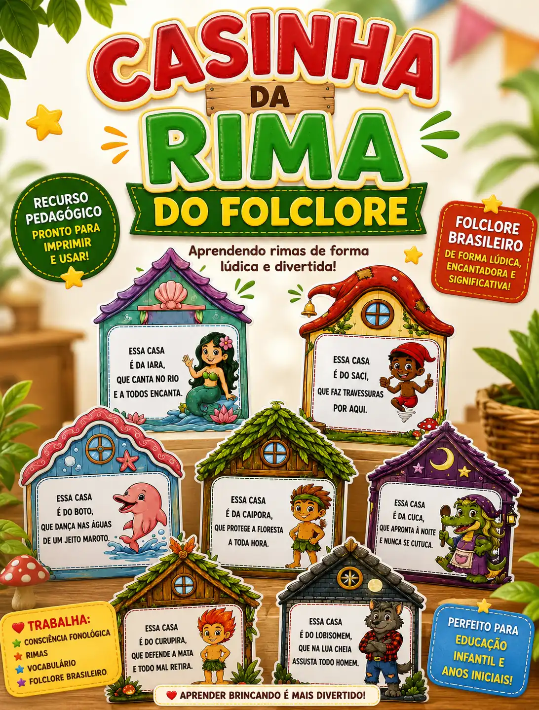 Casinha das Rimas do Folclore — Datas comemorativas para Educação Infantil: Casinha das Rimas do Folclore com 8 personagens…