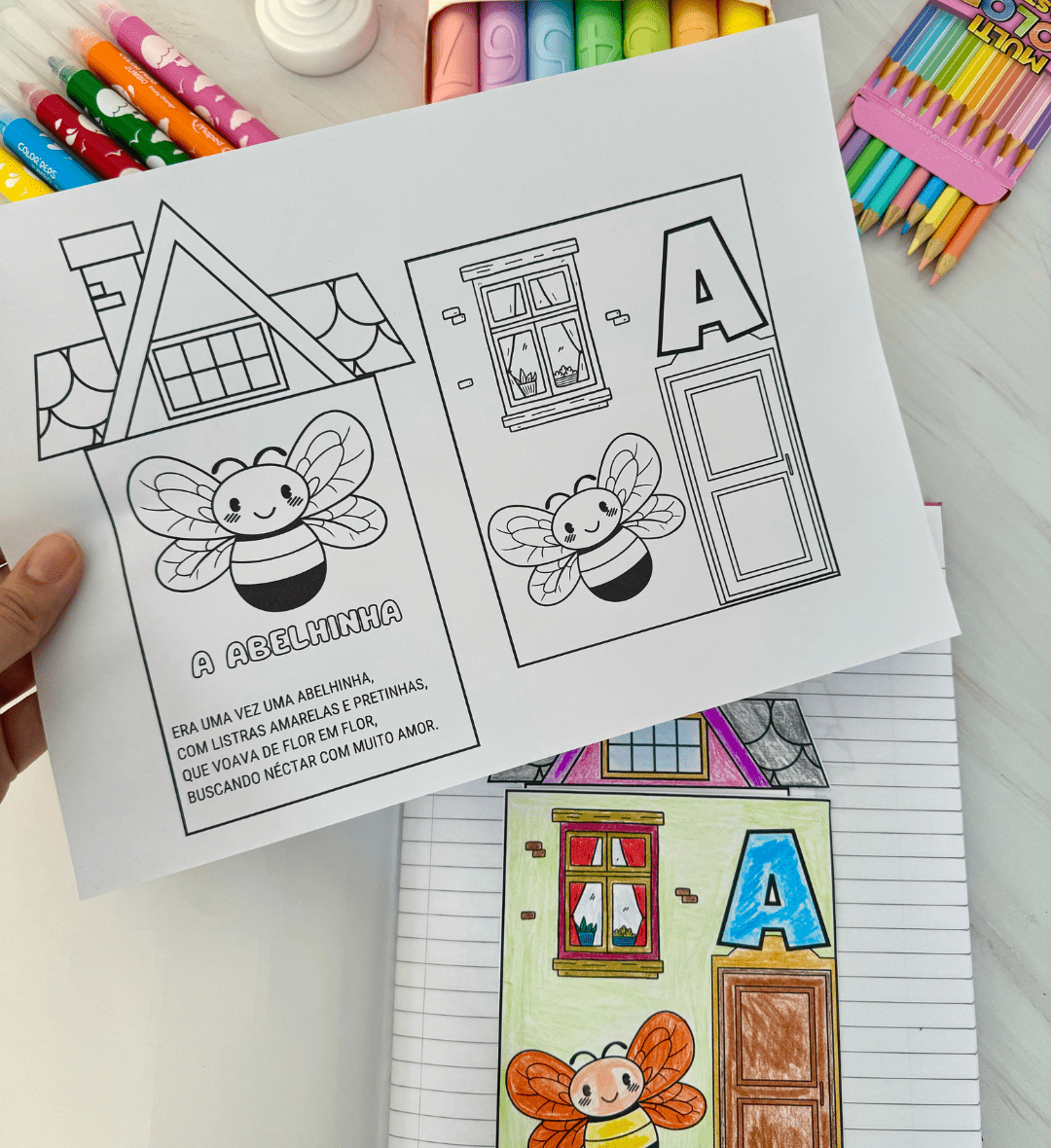 Casinhas do Alfabeto em PDF com Textos Rimados para Colorir — amostra 2: O que vem no material