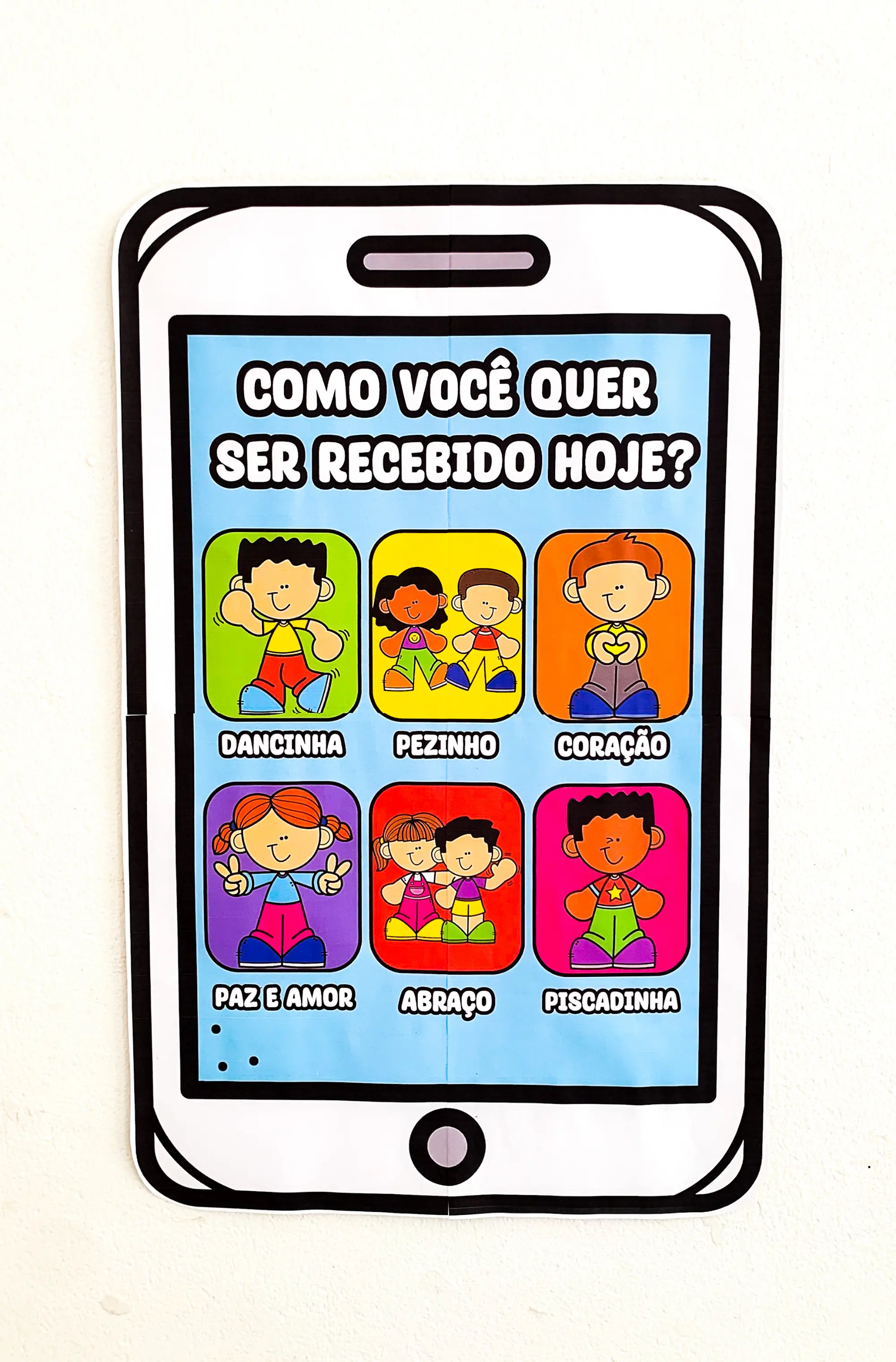 Celular da Acolhida com Cumprimentos para Educação Infantil em PDF — amostra 1: Celular da Acolhida com 6 opções de…