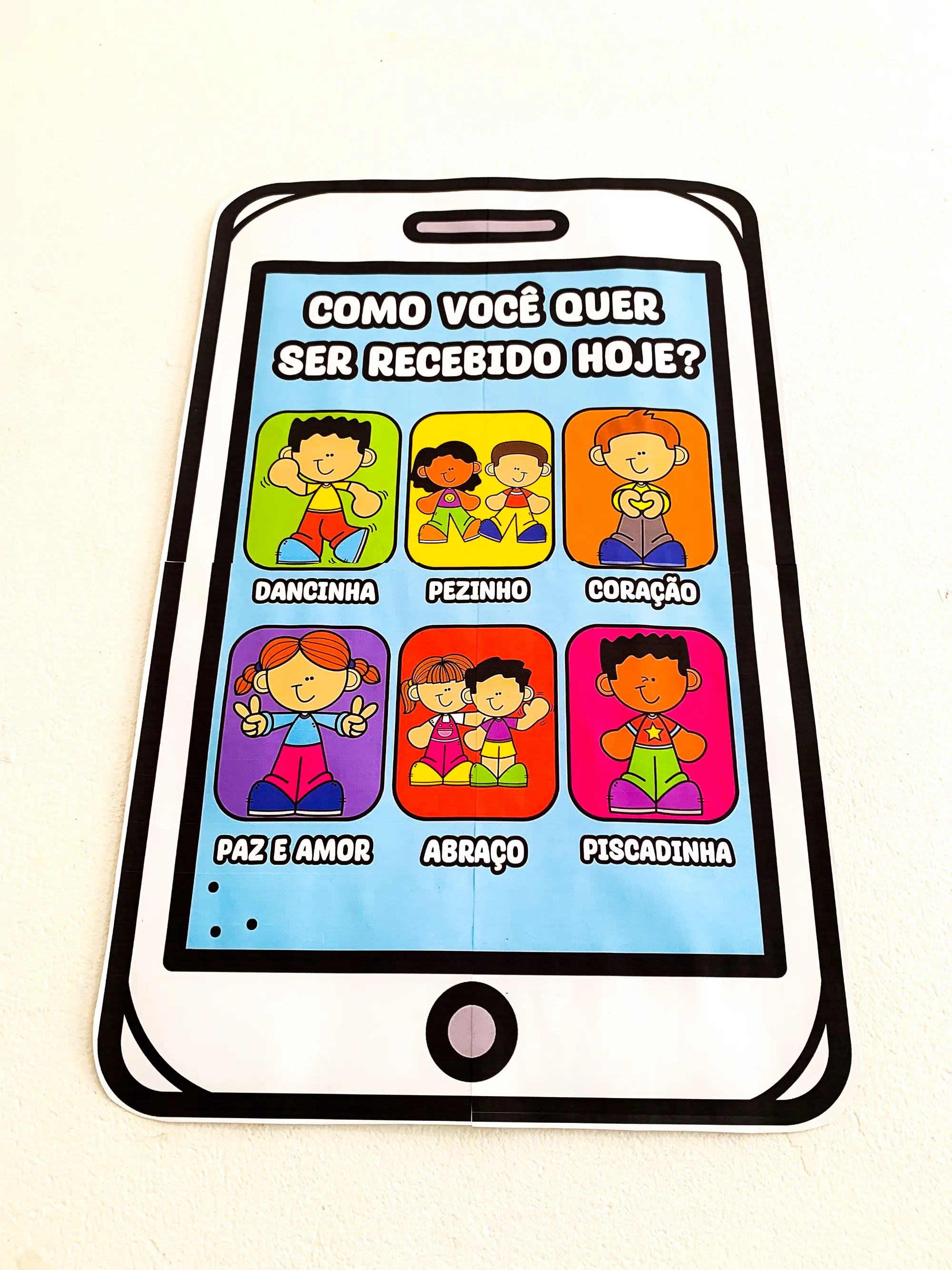 Celular da Acolhida com Cumprimentos para Educação Infantil em PDF — amostra 2: Celular da Acolhida com 6 opções de…