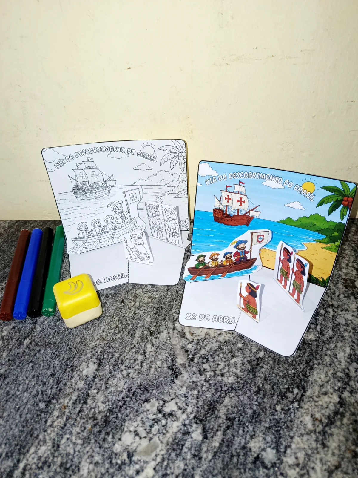 Cenário Interativo – Descobrimento do Brasil (Colorido + Para Colorir) — amostra 1: O que vem no material