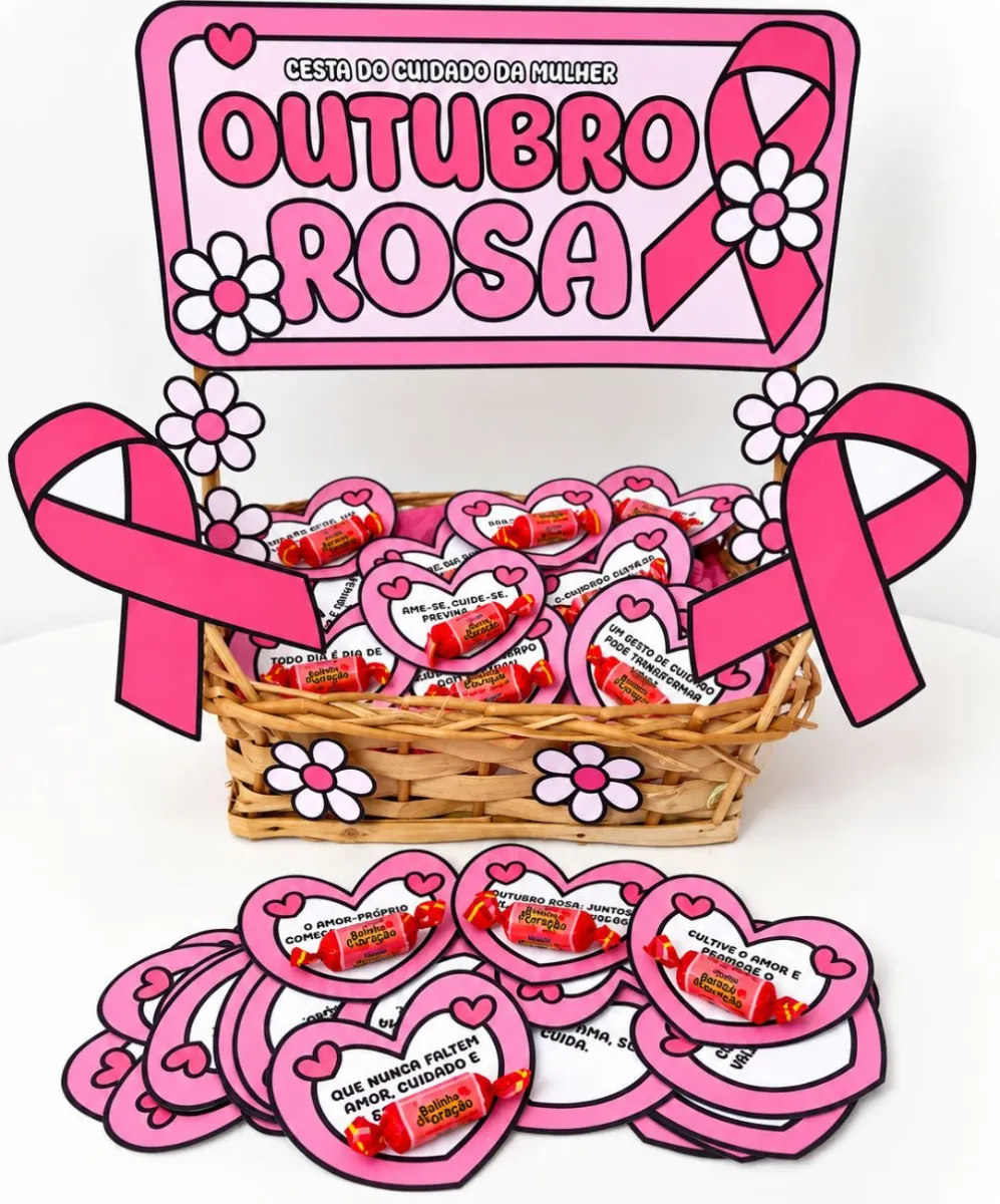 Cesta de Mensagens Outubro Rosa para Imprimir — amostra 4: Ideal para criar lembrancinhas para o Outubro Rosa, decorar…